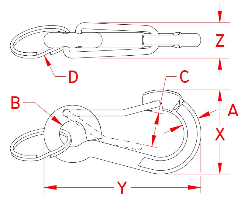 Stainless Steel Spring Clip with Key Ring, S0185-KR60, Line Drawing